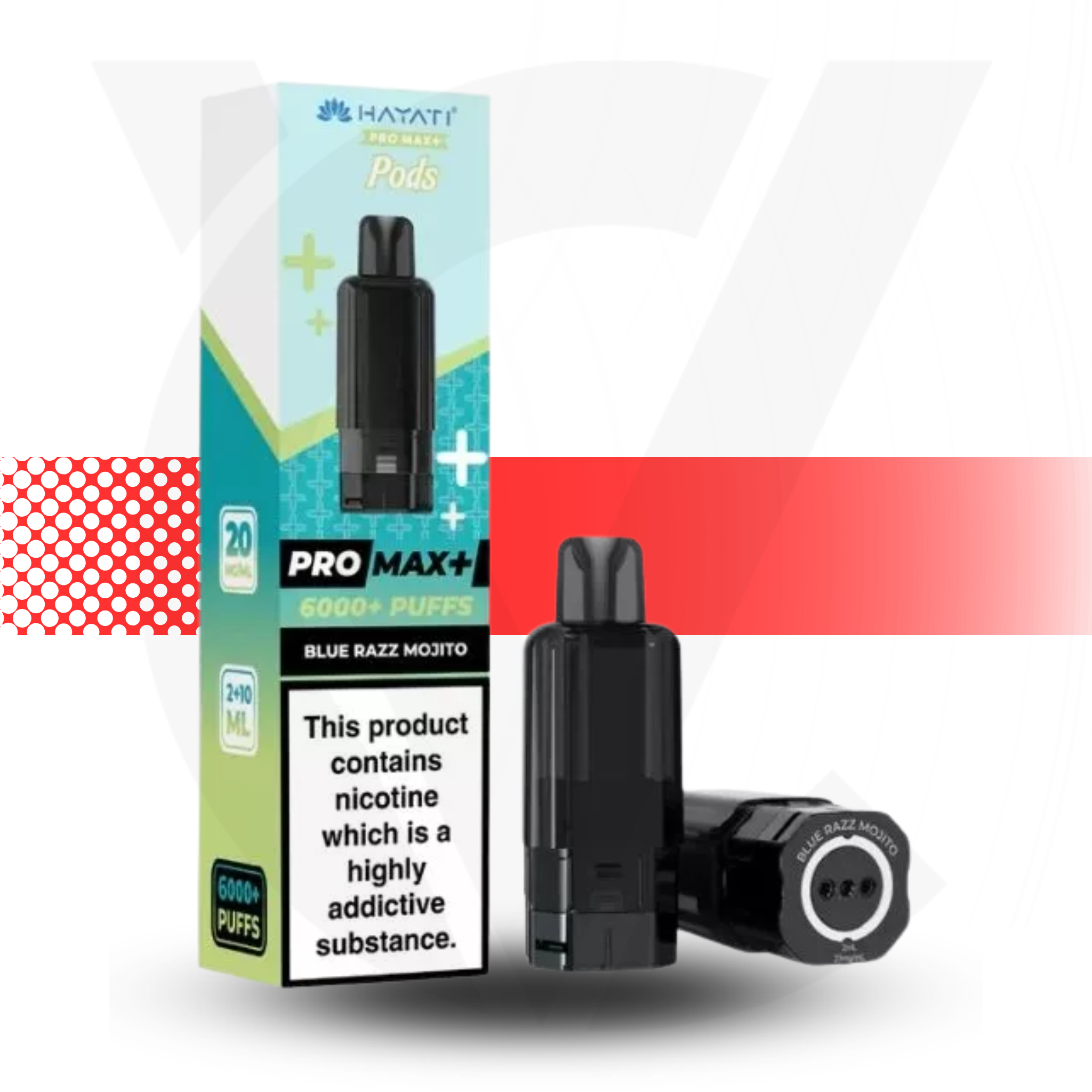 Vape device and packaging with nicotine warning label on a white background