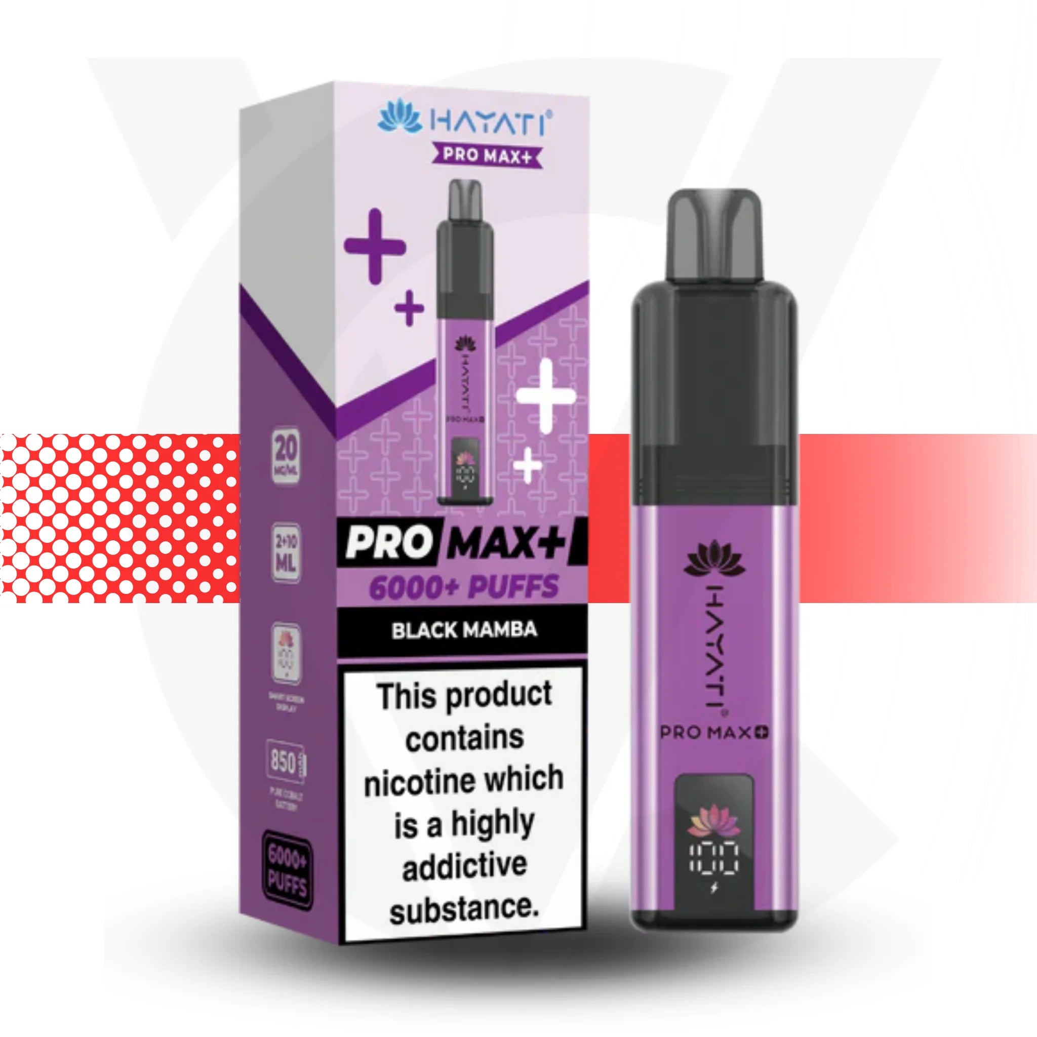 Hayati Pro Max+ vape device and packaging on a white background Black Mamba