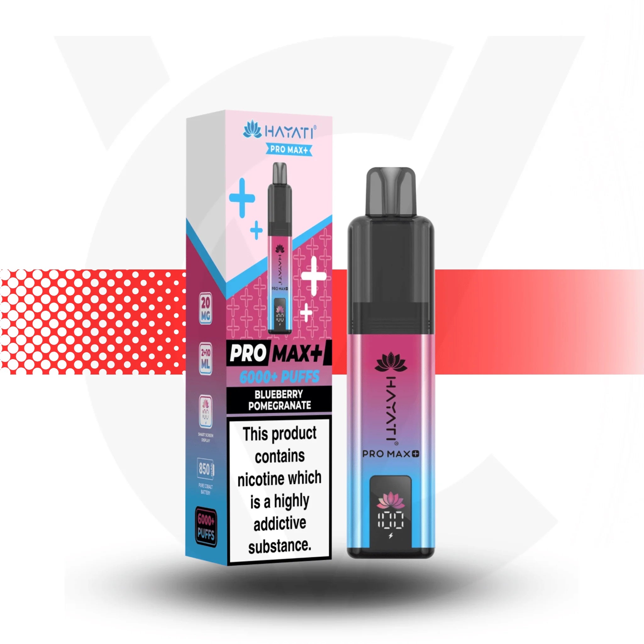 Hayati Pro Max+ vape device and packaging on a white background with red and pink accents.
