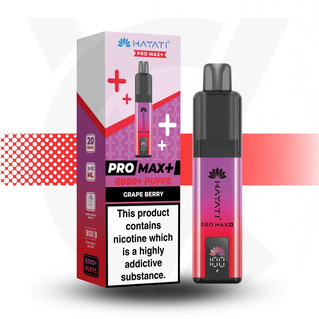 Hayati Pro Max+ vape device and packaging on a white background Grape Berry