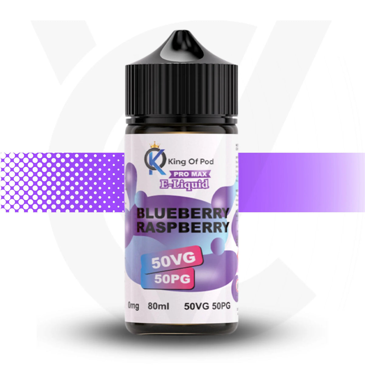 Bottle of King of Pod Blueberry Raspberry e-liquid on a white background