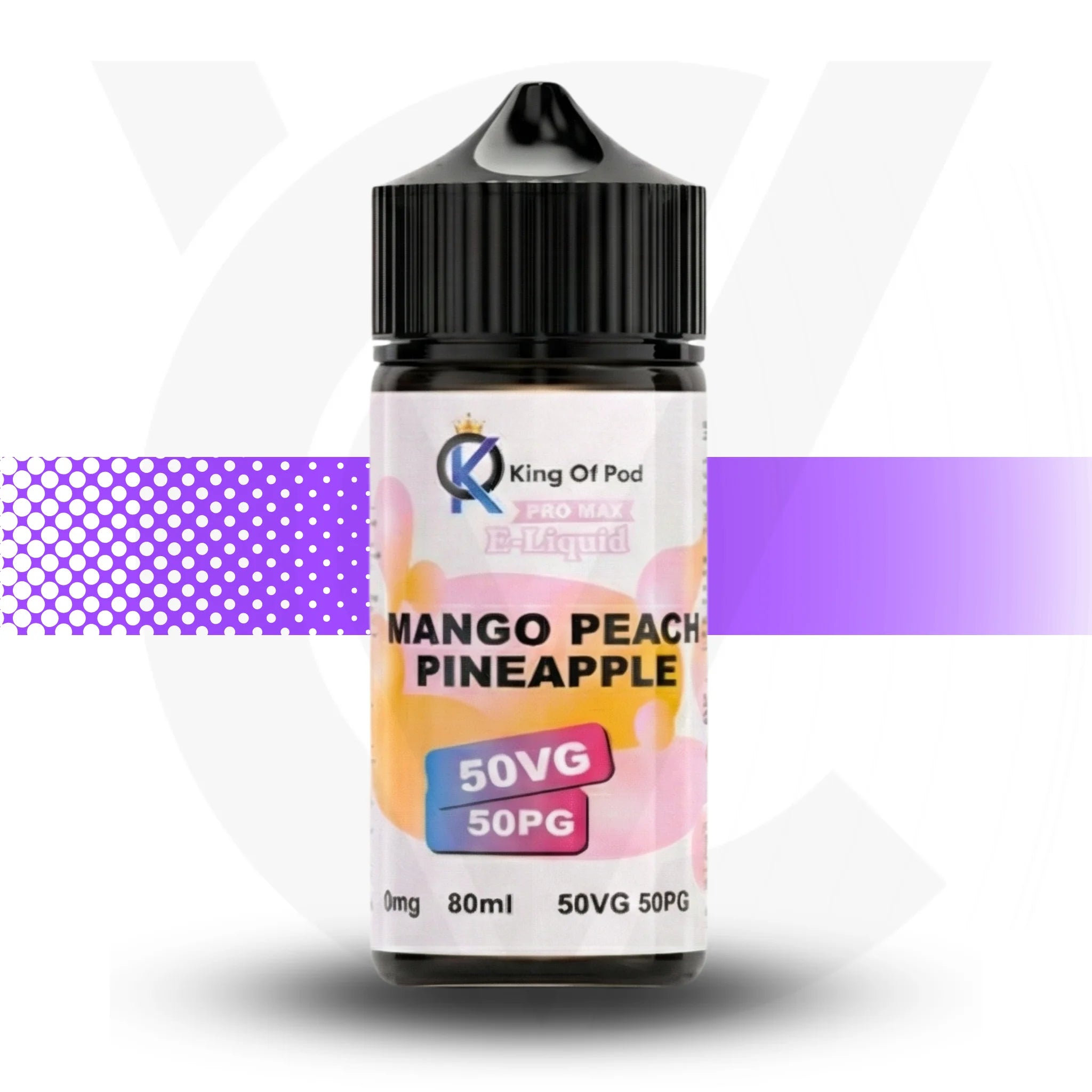 Mango Peach Pineapple vape juice bottle with King of Pod branding on a white background