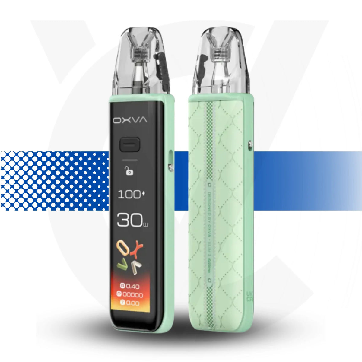 Two vape devices with digital displays on a white background Oxva Xlim 3 Ultra Mint Green