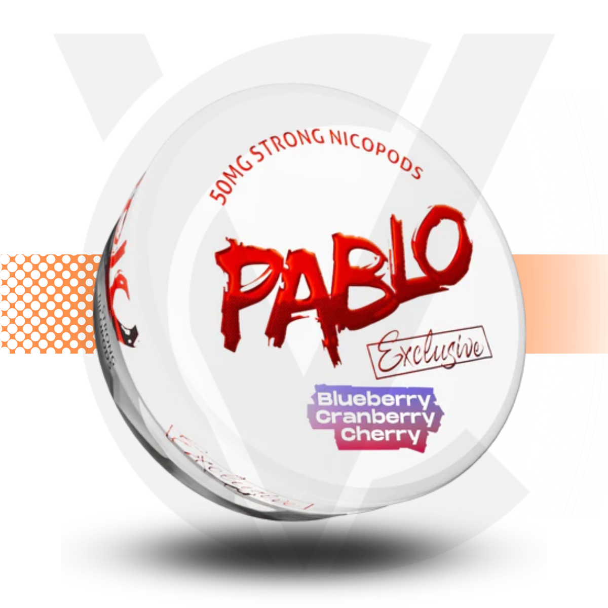 Pablo exclusive nicotine pod packaging with red and purple text on a white background
