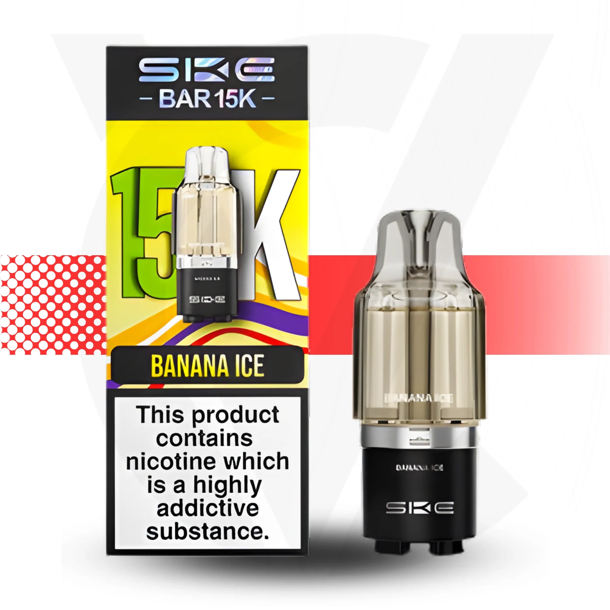 SKE BAR 15K Banana Ice vape device and packaging on a white background