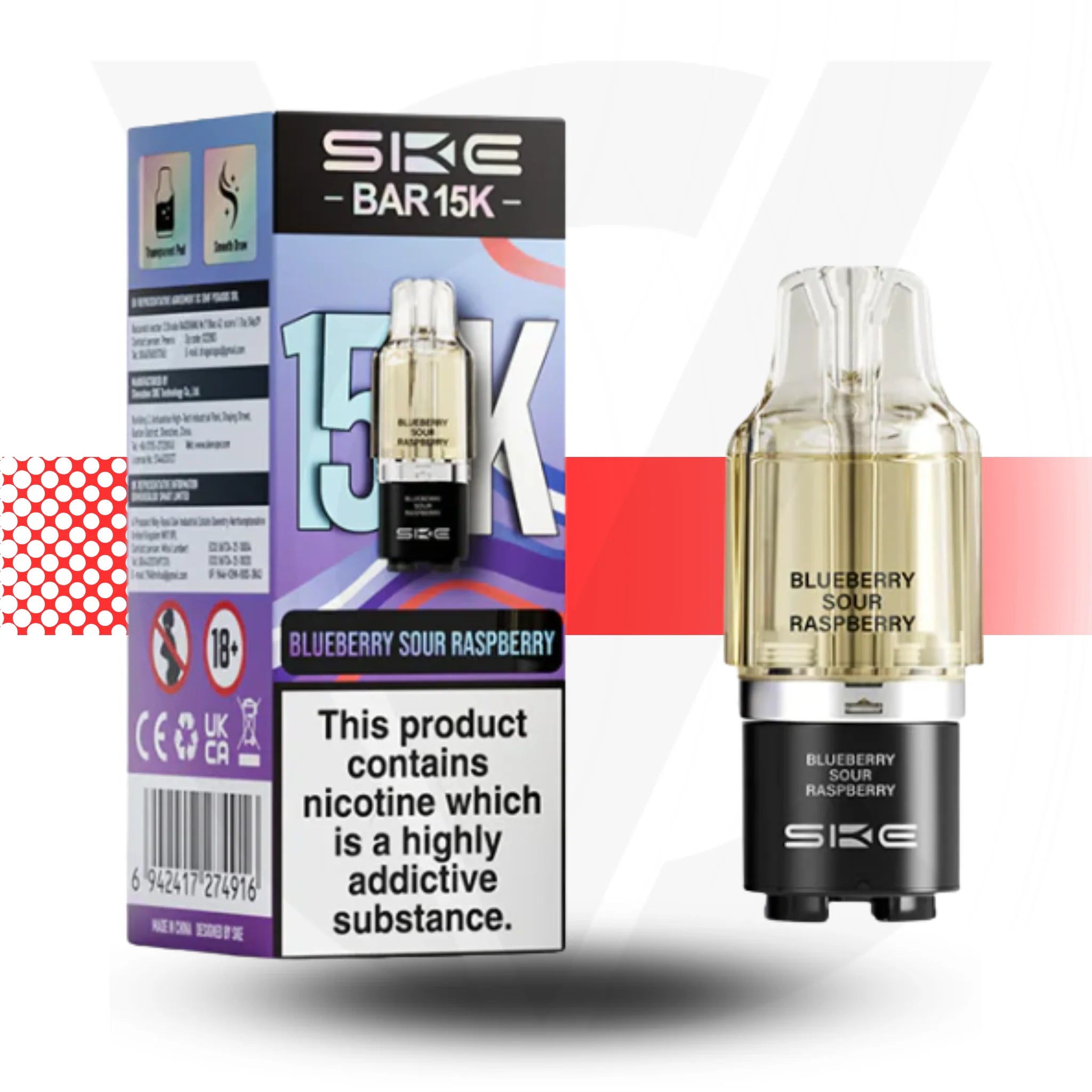 SKE BAR 15K vape device and packaging on a white background