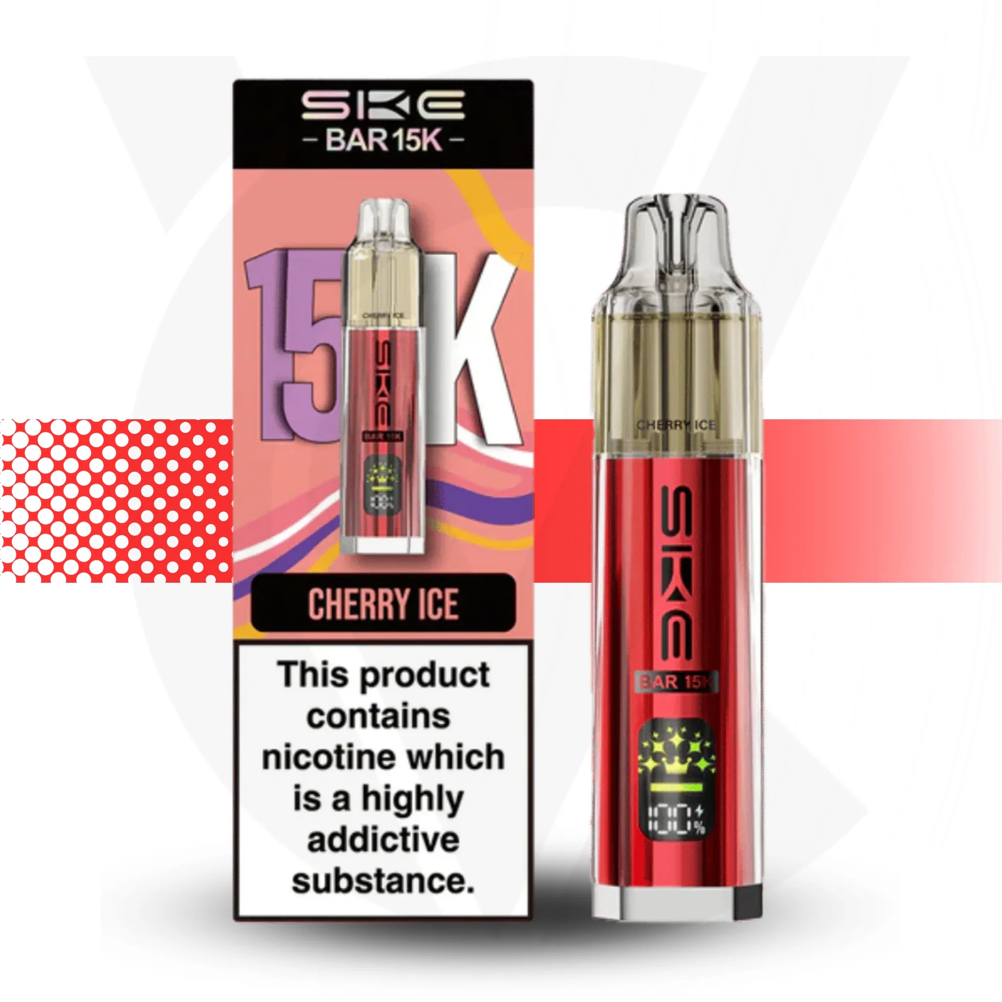 SKE Bar 15K Cherry Ice vape device and packaging on a white background