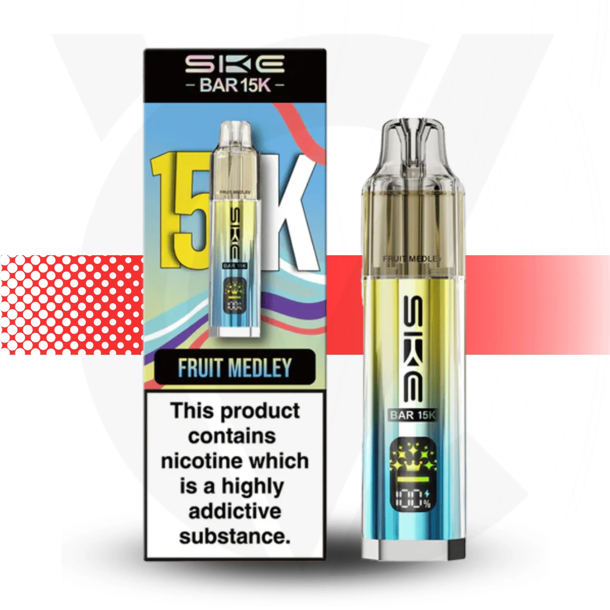 SKE vape device and packaging with nicotine warning label on a colorful background
