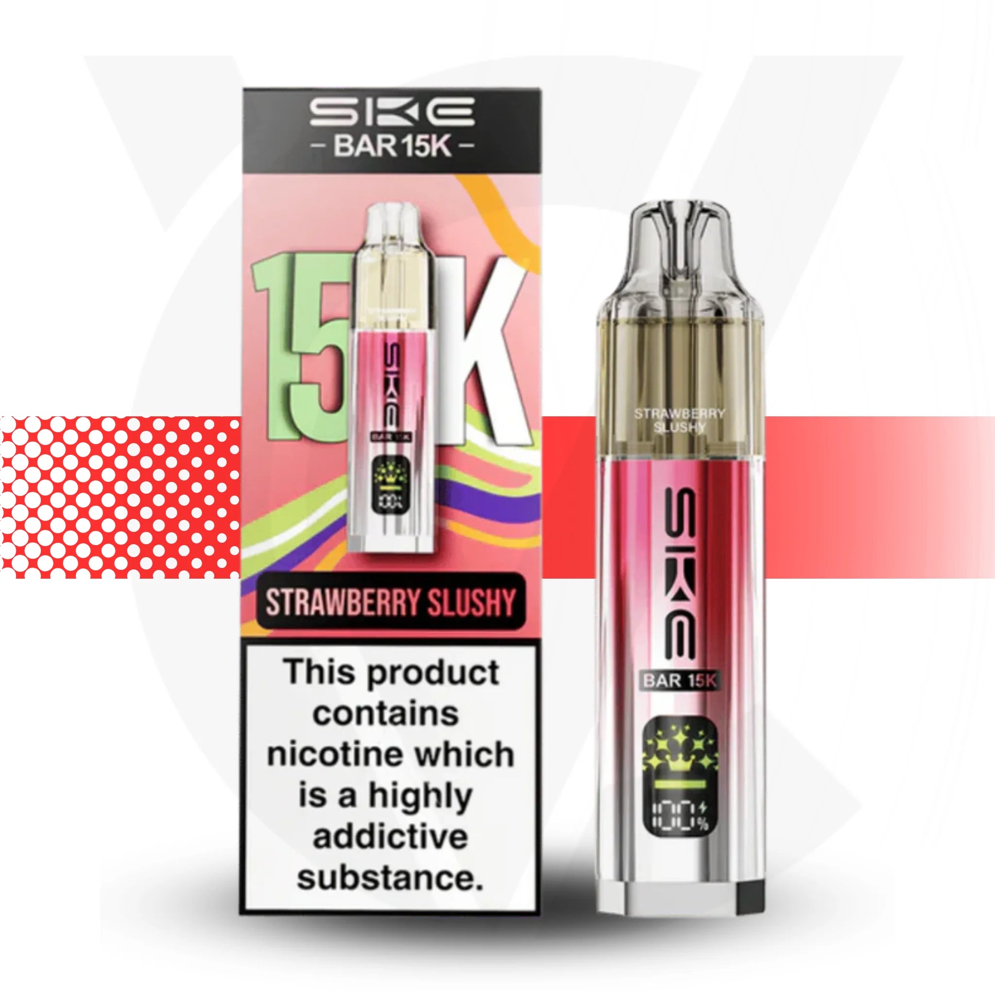 SKE BAR 15K Strawberry Slushy vape device and packaging on a white background