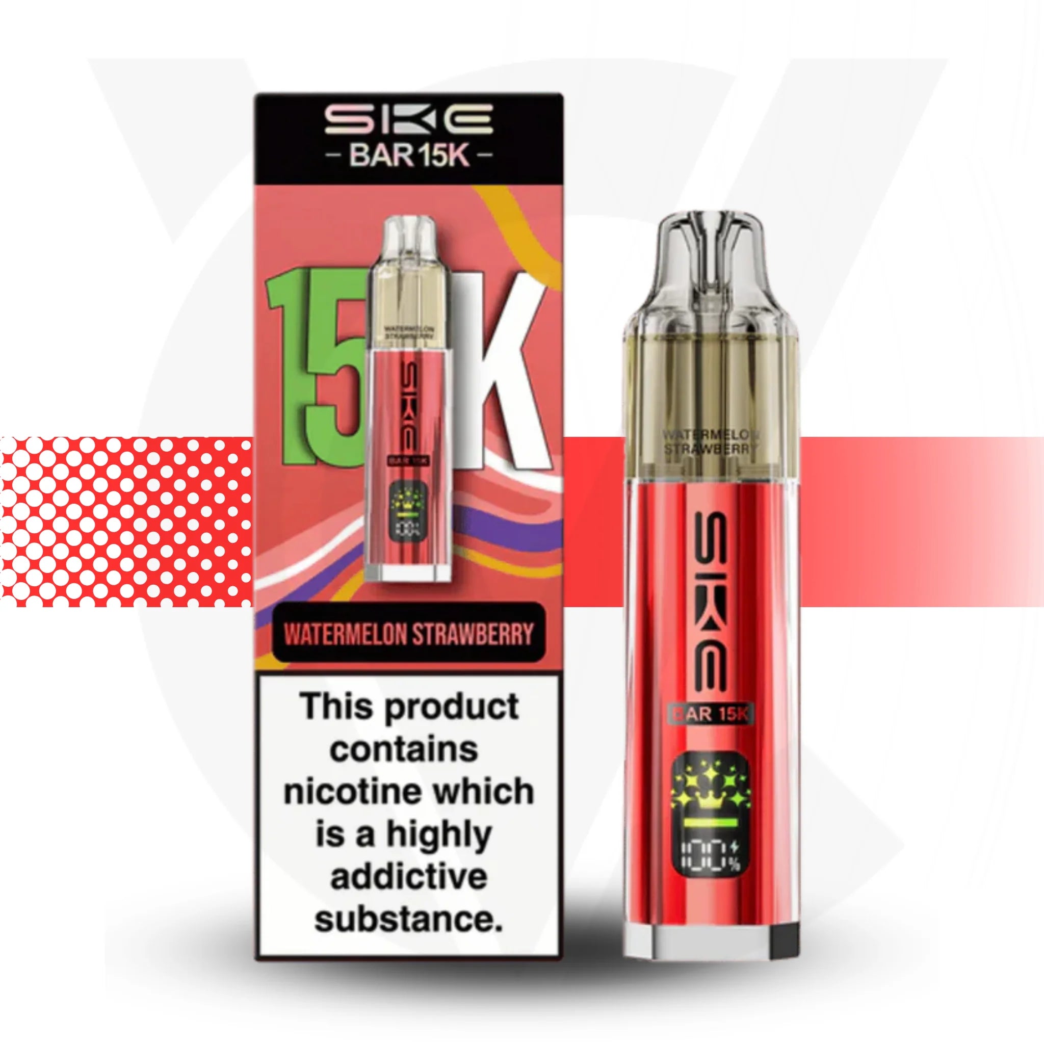 SKE BAR 15K vape device and packaging on a white background
