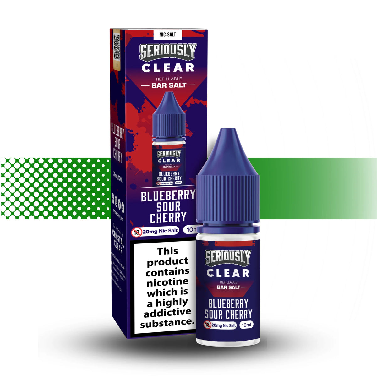 Seriously Clear Blueberry Sour Cherry nicotine salt packaging and bottle on a white background