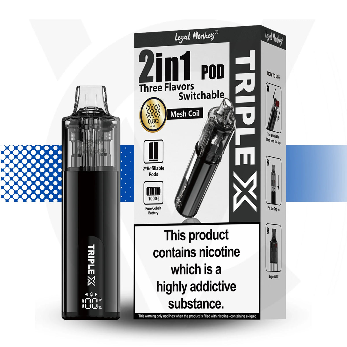 TRIPLE X vape pod packaging with nicotine warning label on a white background