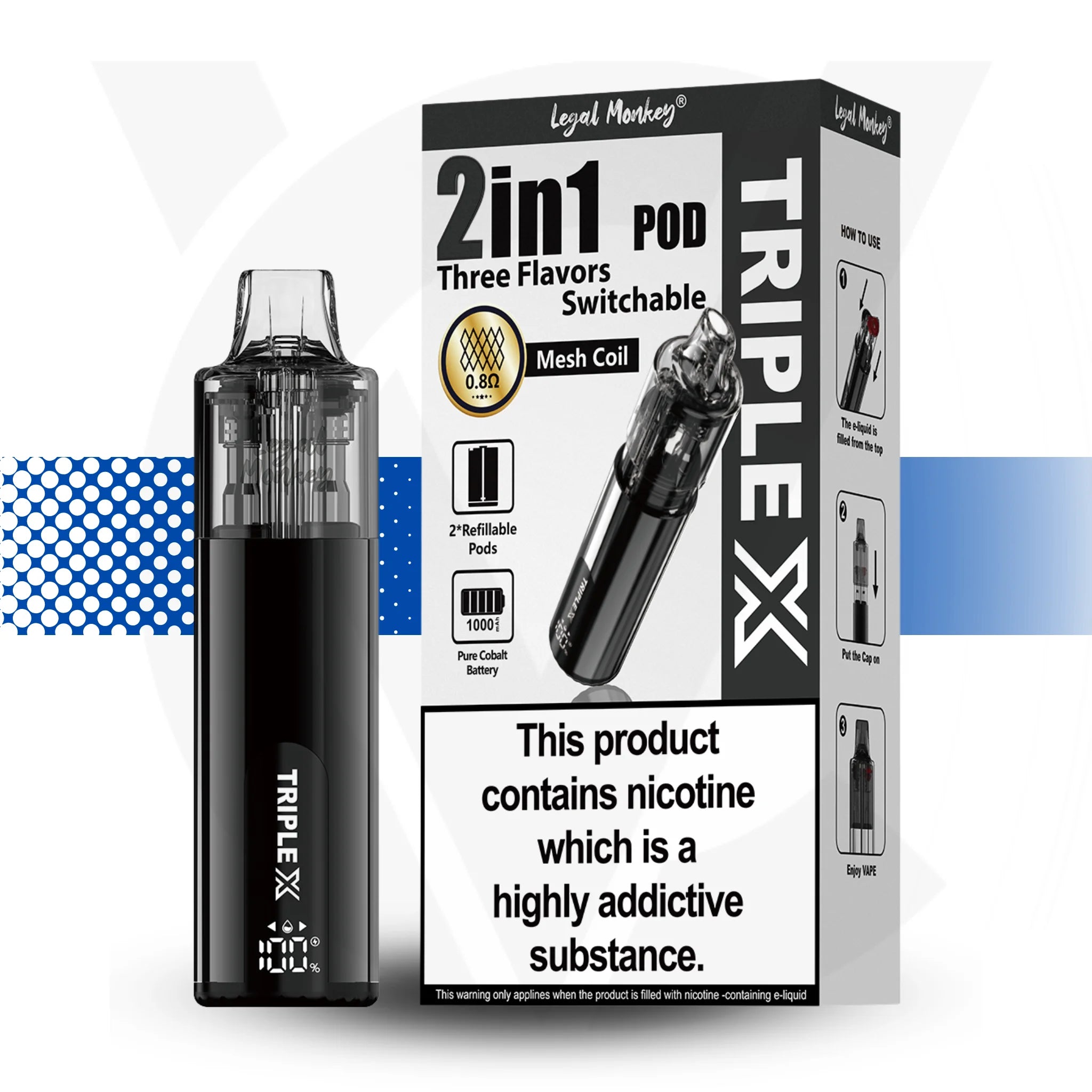 TRIPLE X vape pod packaging with nicotine warning label on a white background