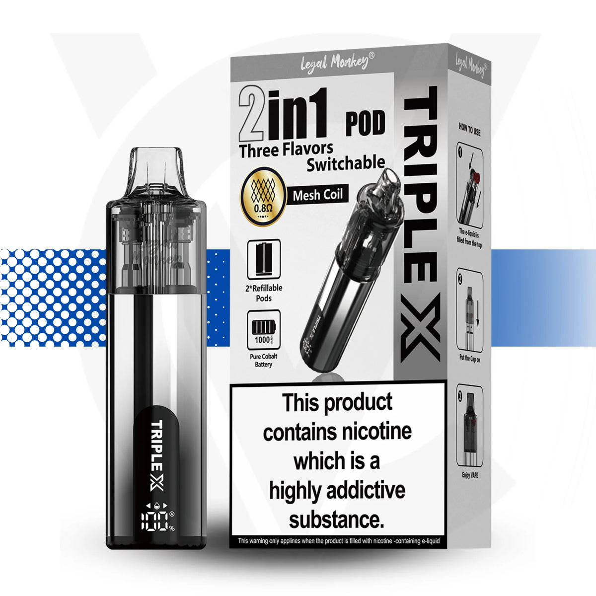 TRIPLE X vape pod packaging with product and box on a white background