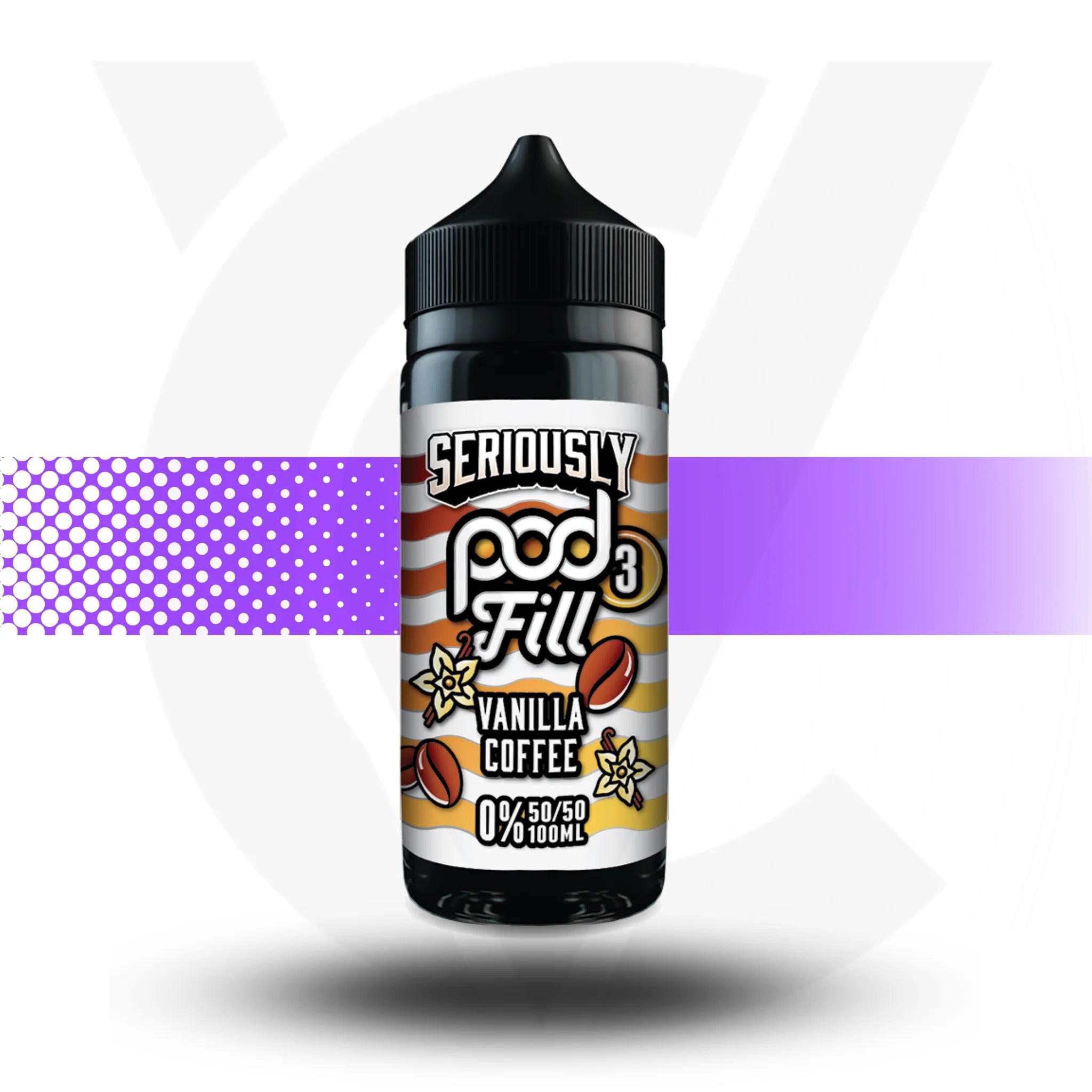 Bottle of Seriously Pod Fill Vanilla Coffee flavor on a white background