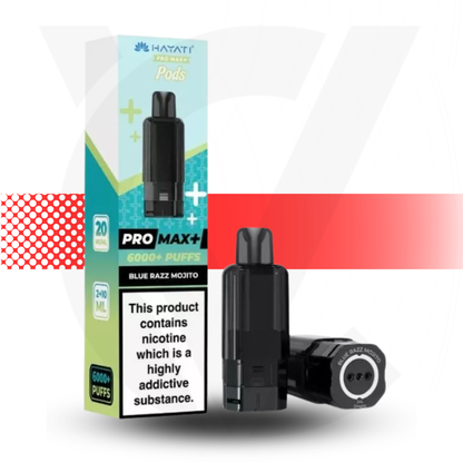Vape device and packaging with nicotine warning label on a white background
