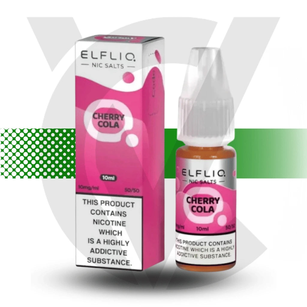 Elfliq Cherry Cola vape juice with 10ml bottle and vibrant packaging design