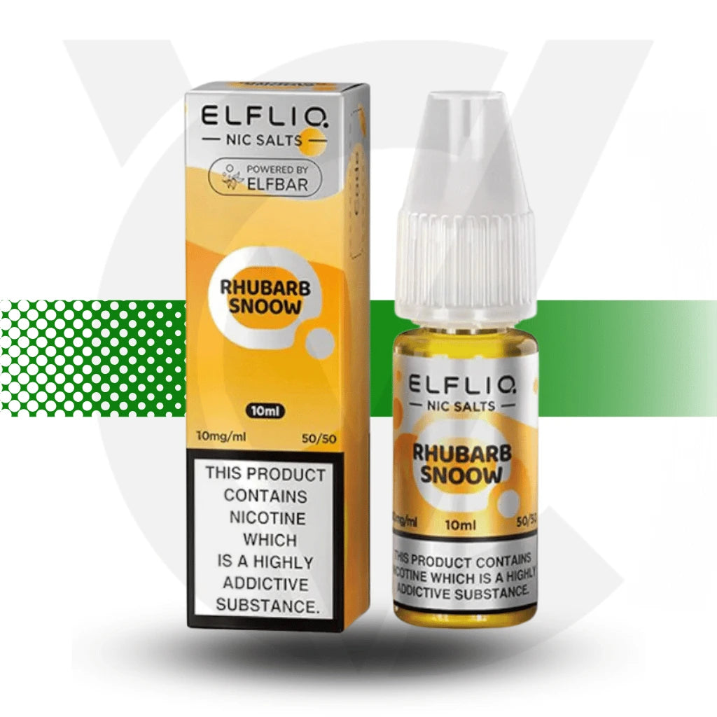 Elfliq Rhubarb Snoow Nic Salt E-Liquid in a 10ml bottle with 10mg nicotine strength