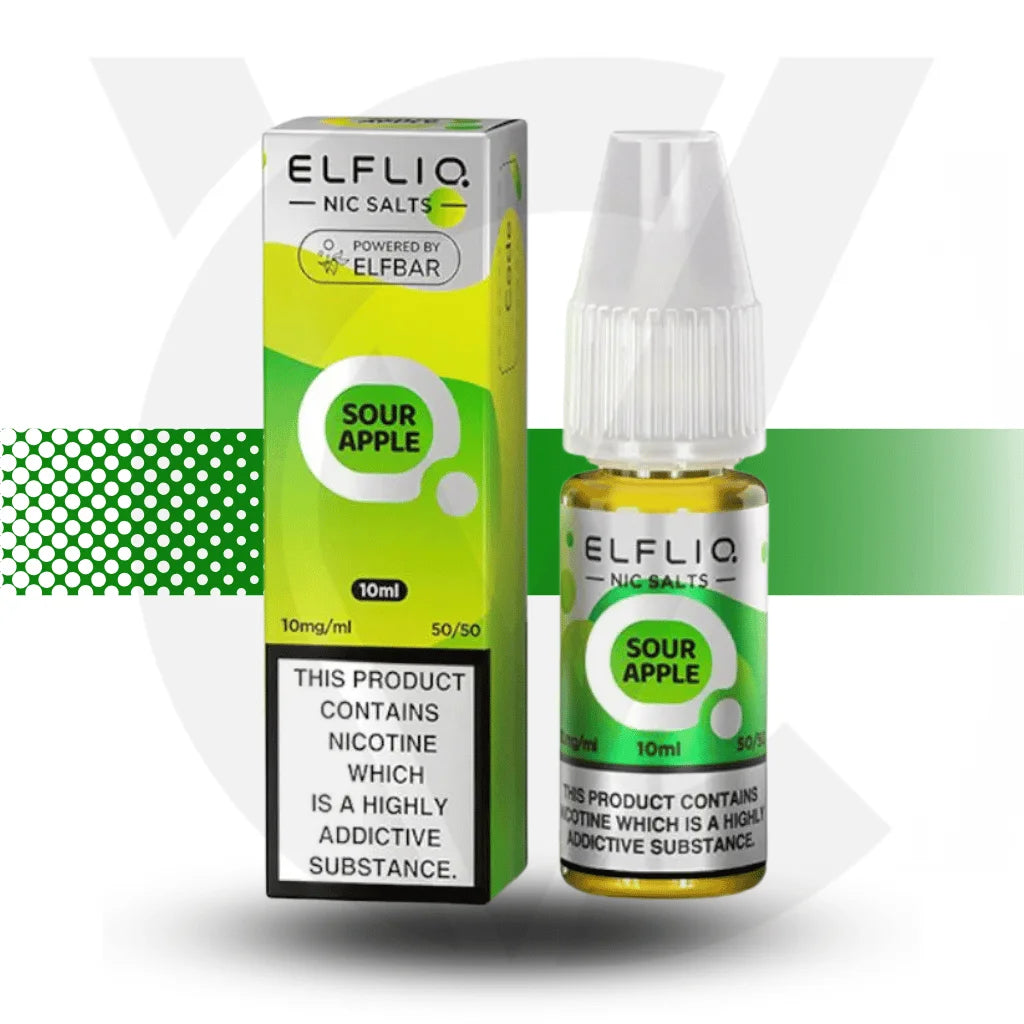 Elfliq Sour Apple Nic Salt E-Liquid in a 10ml bottle with 10mg nicotine strength.