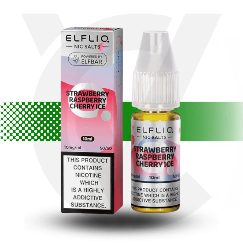 Elfliq Strawberry Raspberry Cherry Ice Nic Salt E-Liquid in a 10ml bottle with 10mg nicotine