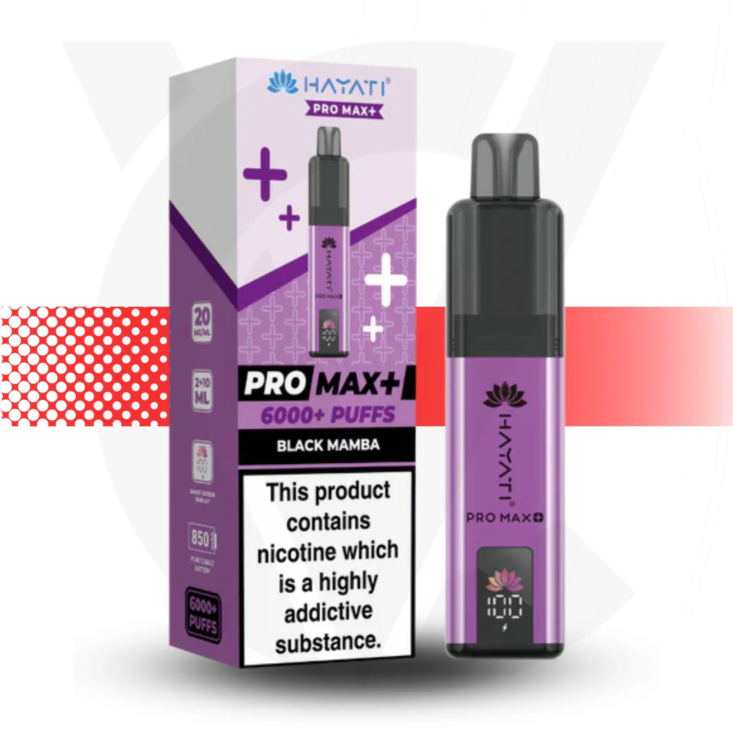 Hayati Pro Max+ vape device and packaging on a white background Black Mamba