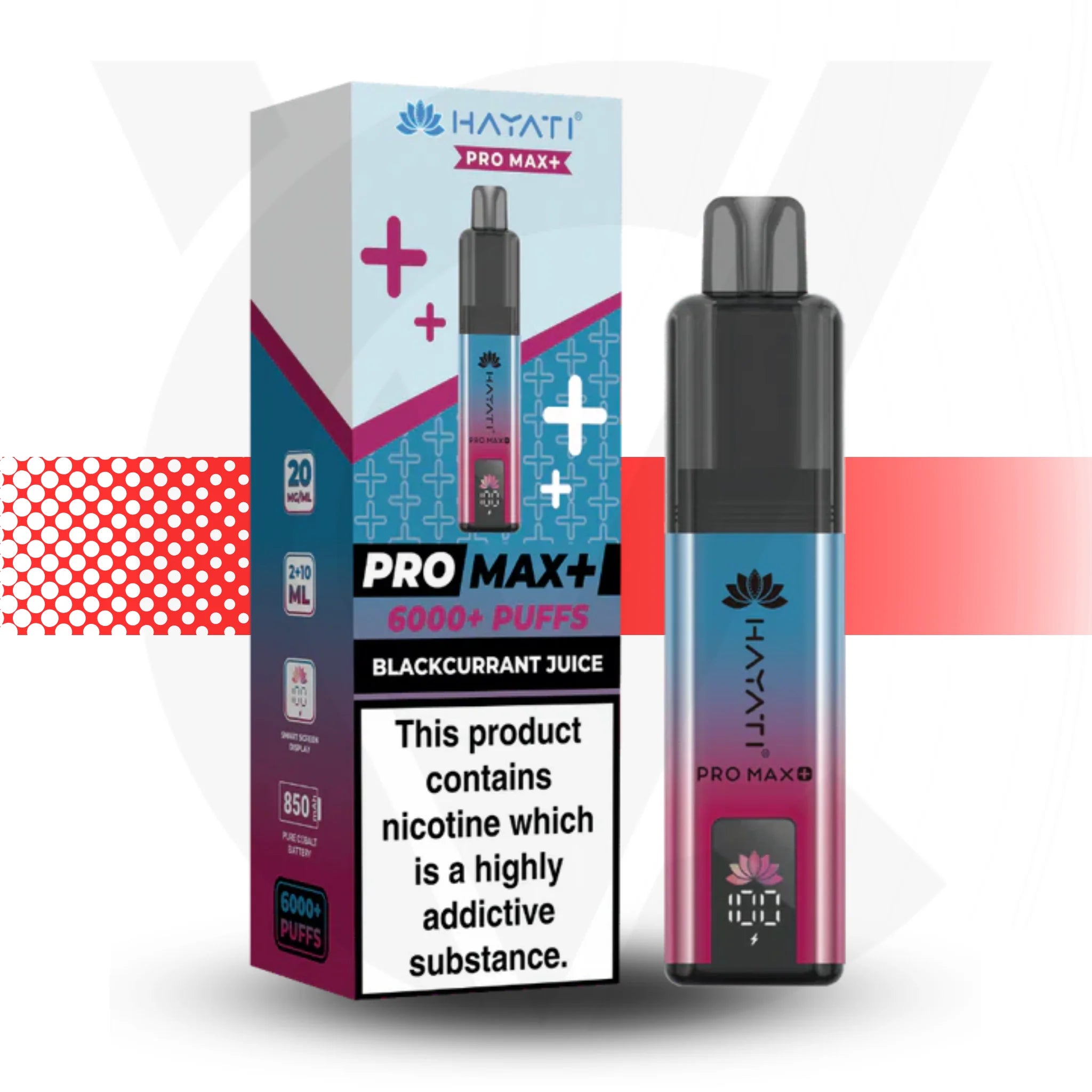 HAYATI Pro Max+ vape device and packaging on a white background Blackcurrant Juice