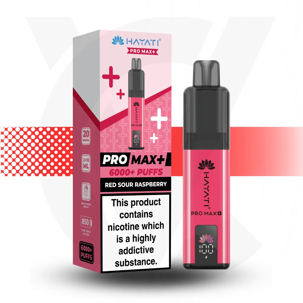 Hayati Pro Max+ vape device and packaging on a white background Red Sour Raspberry