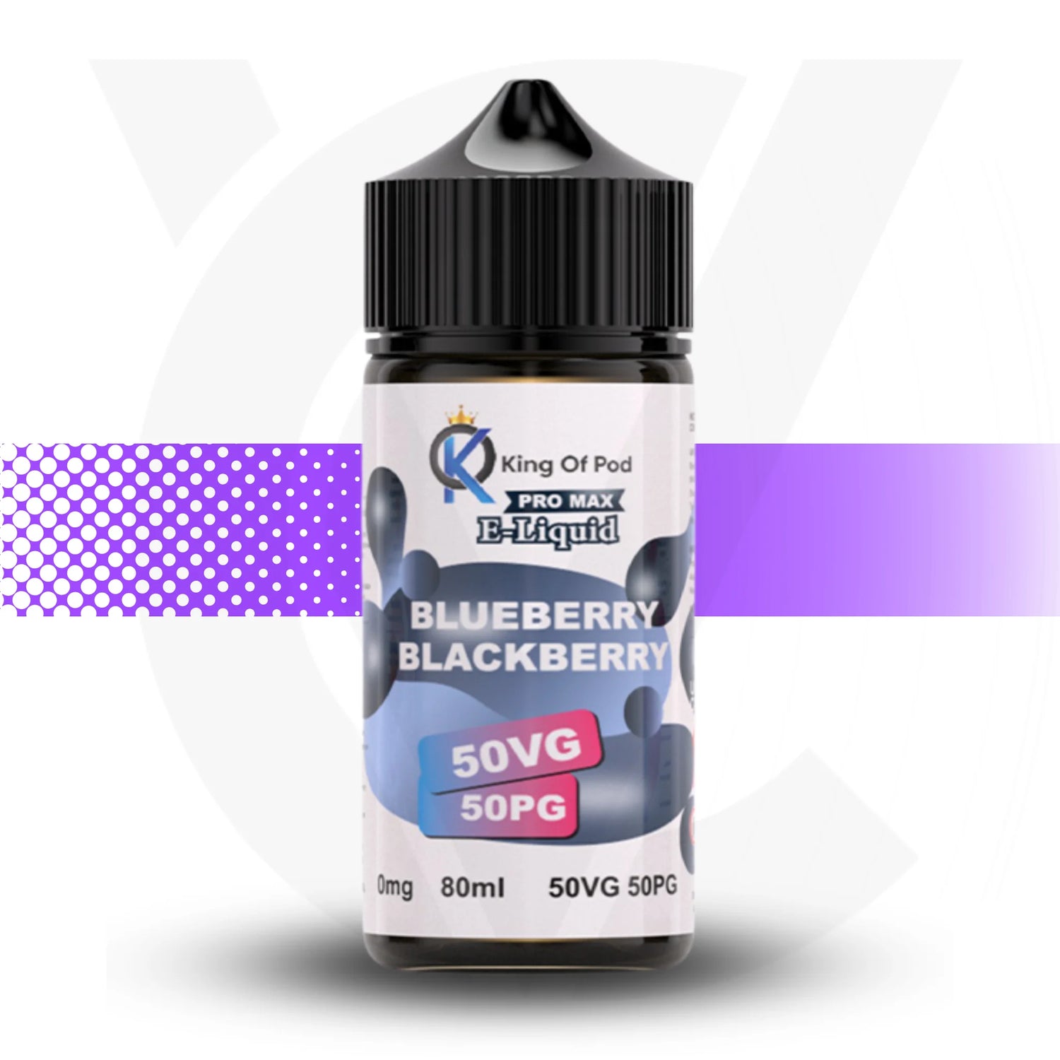 Bottle of King Of Pod Blueberry Blackberry e-liquid on a white background