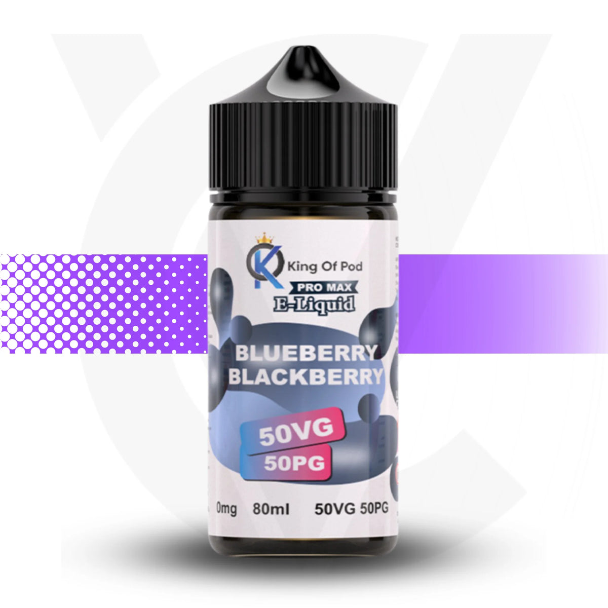 Bottle of King Of Pod Blueberry Blackberry e-liquid on a white background