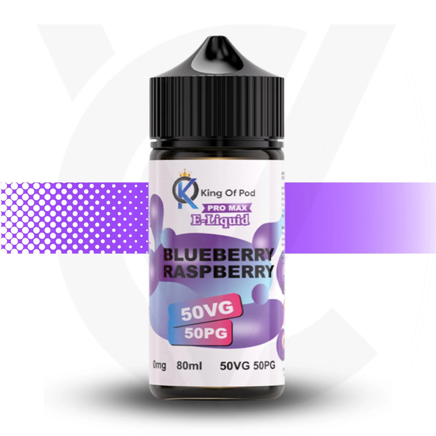 Bottle of King of Pod Blueberry Raspberry e-liquid on a white background
