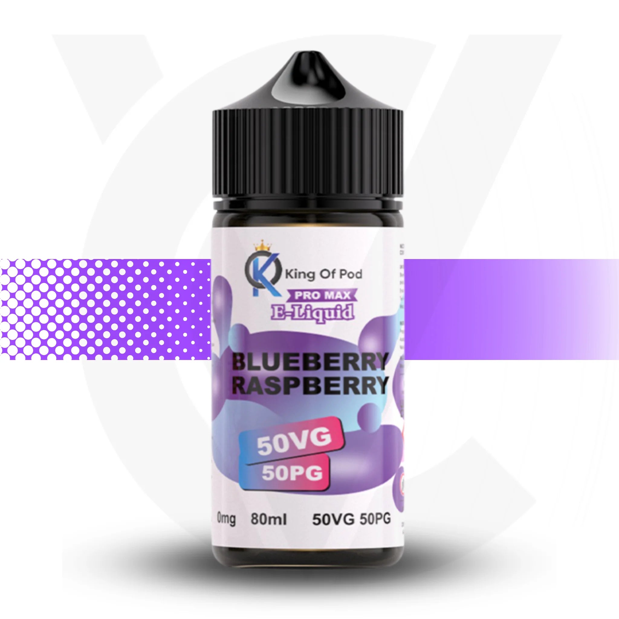 Bottle of King of Pod Blueberry Raspberry e-liquid on a white background
