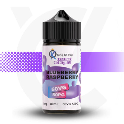 Bottle of King of Pod Blueberry Raspberry e-liquid on a white background