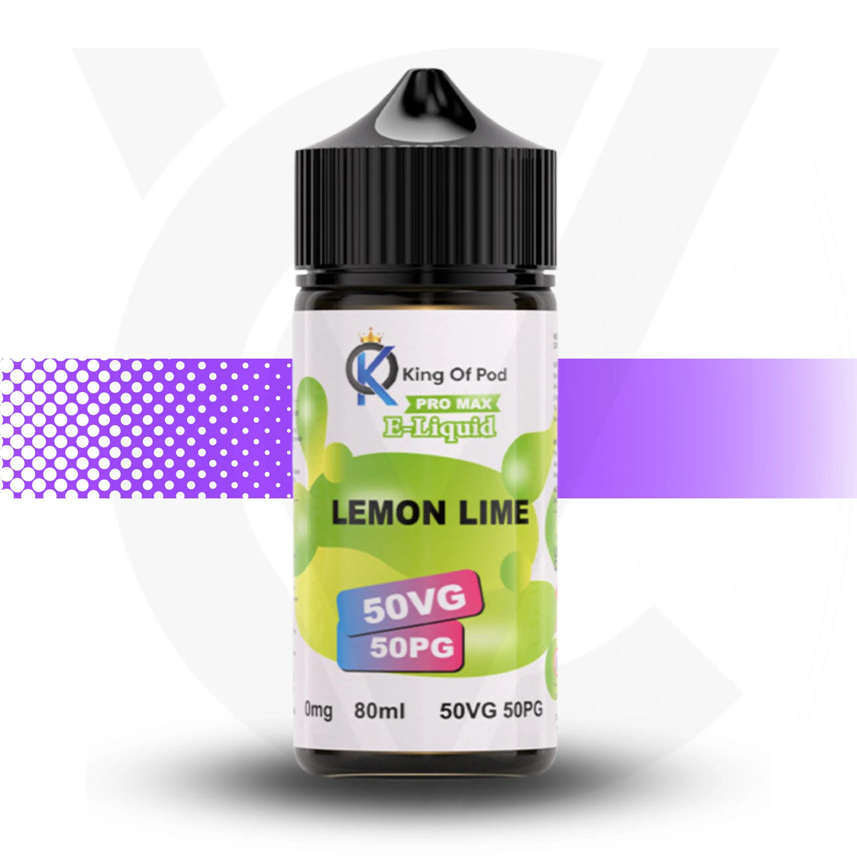 Bottle of King Of Pod Lemon Lime e-liquid on a white background