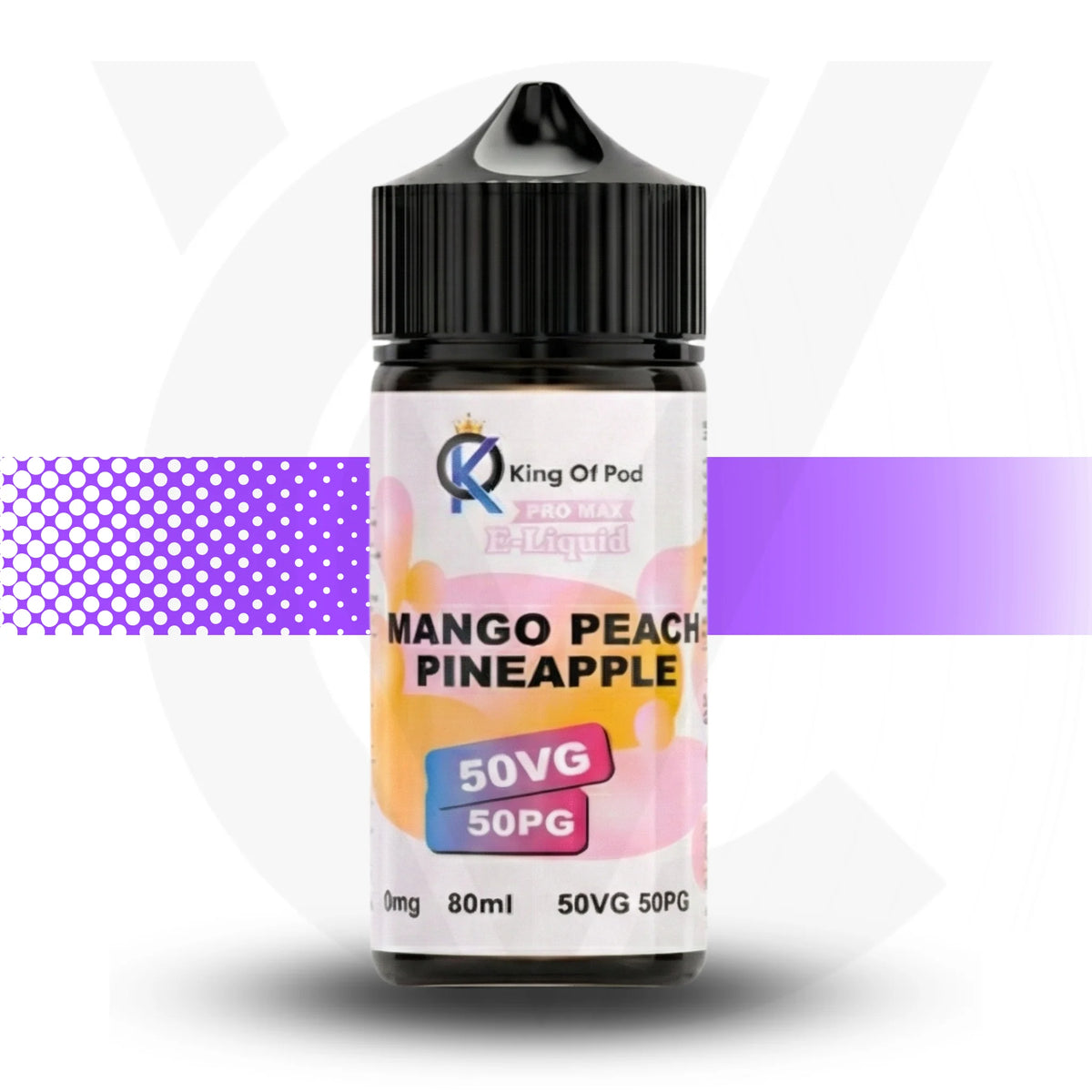 Mango Peach Pineapple vape juice bottle with King of Pod branding on a white background