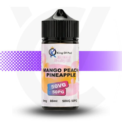 Mango Peach Pineapple vape juice bottle with King of Pod branding on a white background