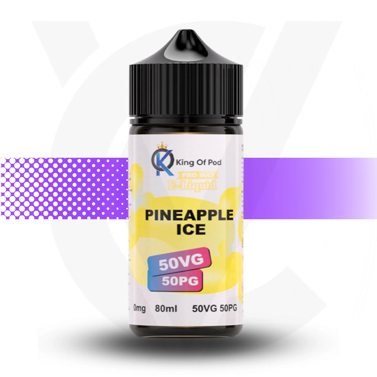 Bottle of King Of Pod Pineapple Ice e-liquid on a white background