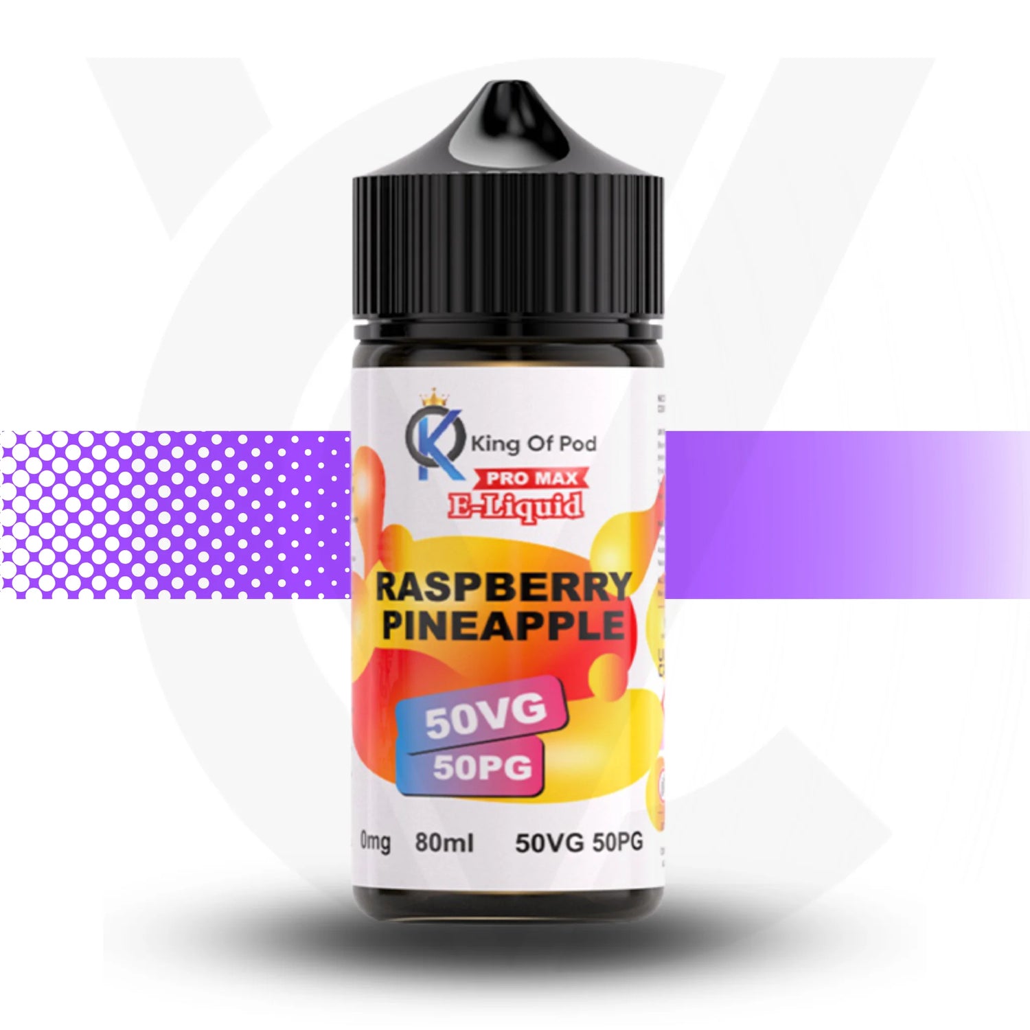 Bottle of King Of Pod e-Liquid Raspberry Pineapple flavor on a white background