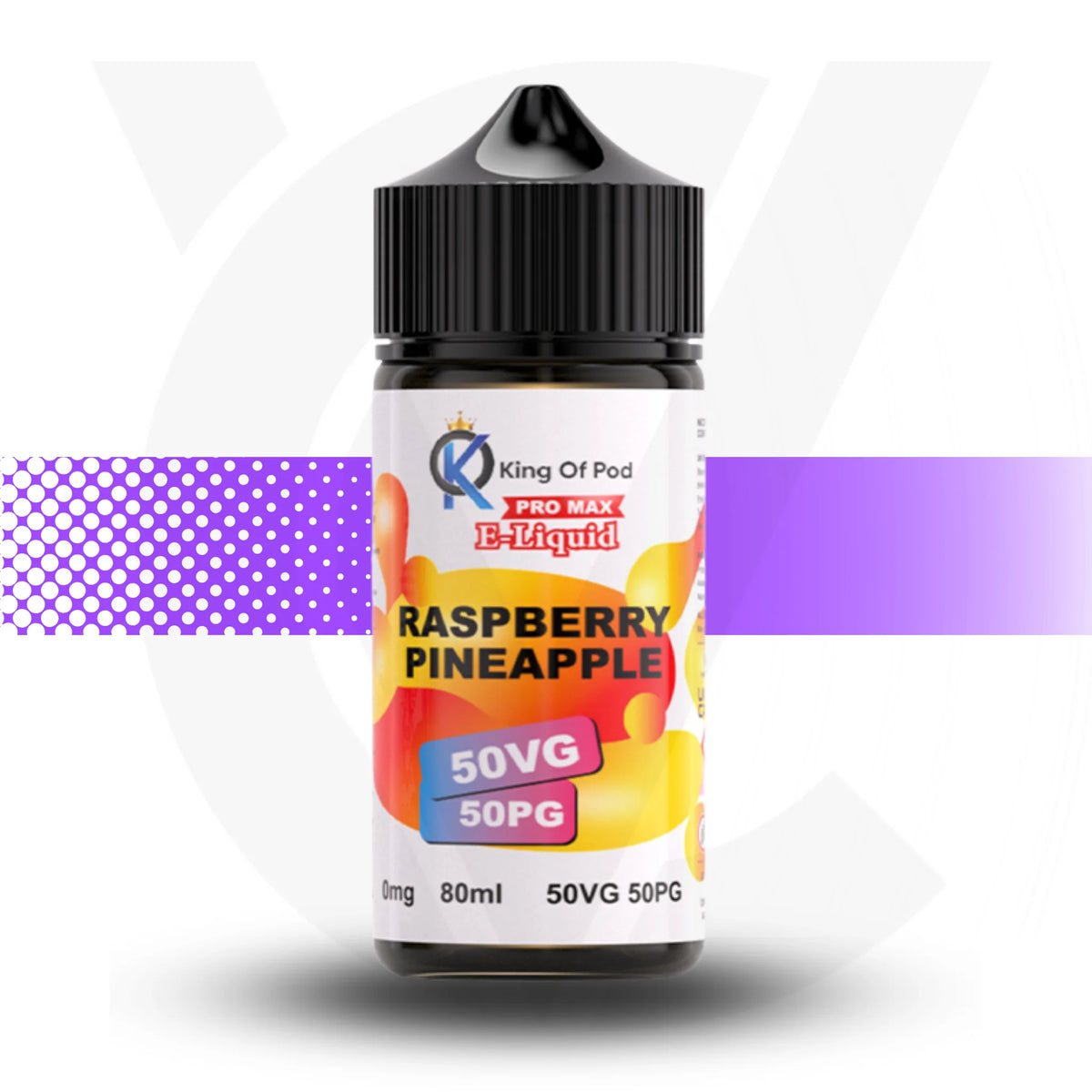 Bottle of King Of Pod e-Liquid Raspberry Pineapple flavor on a white background