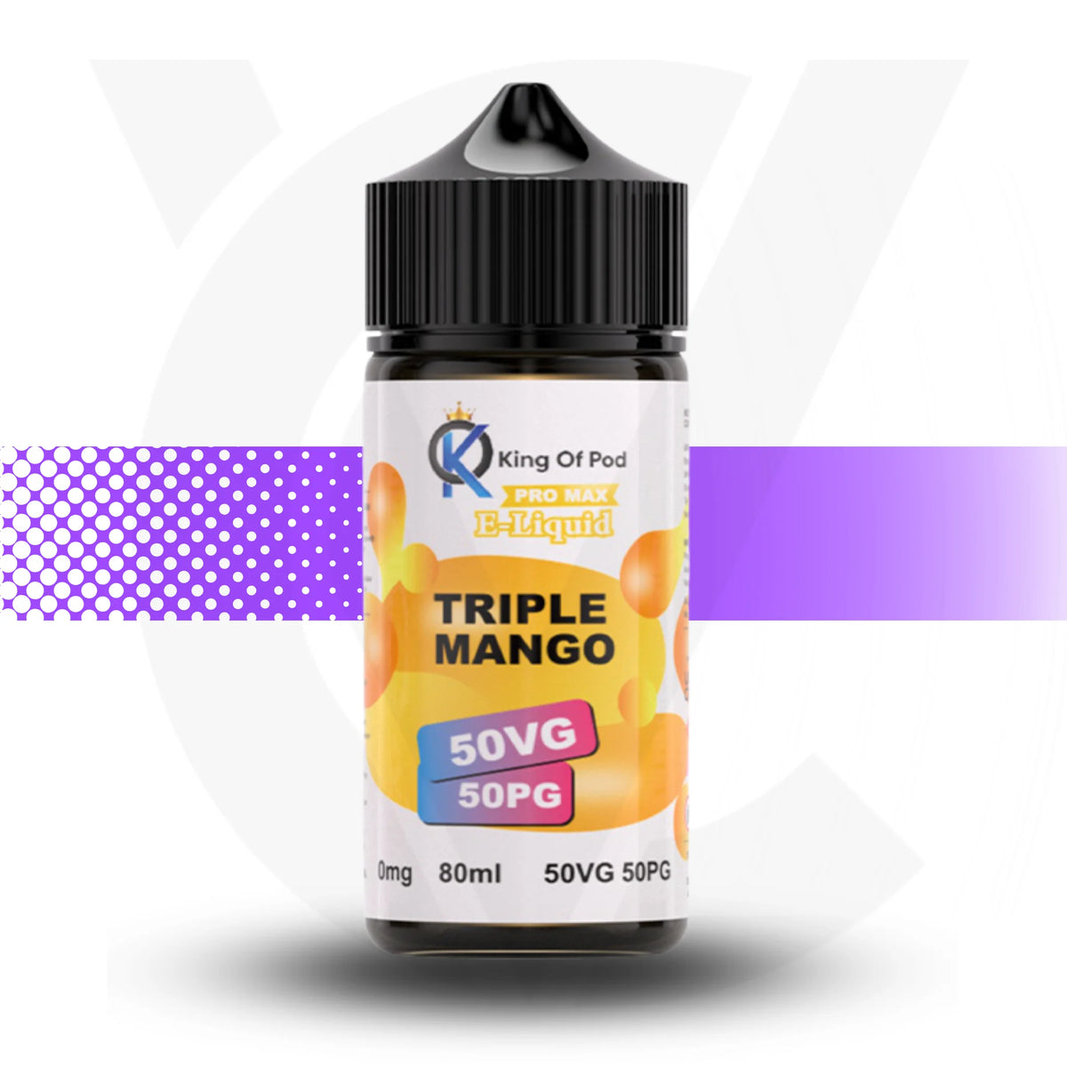 Bottle of King Of Pod e-Liquid Triple Mango on a white background