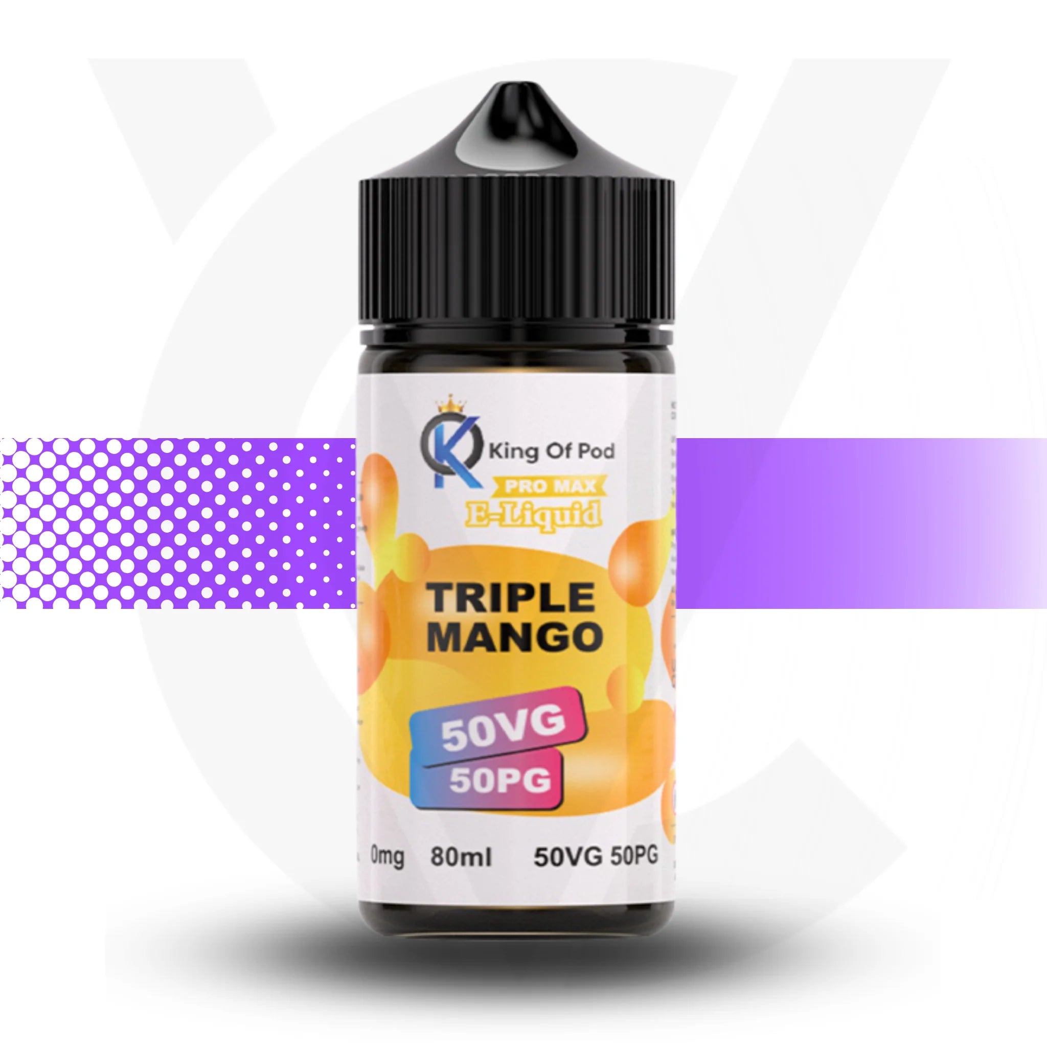 Bottle of King Of Pod e-Liquid Triple Mango on a white background