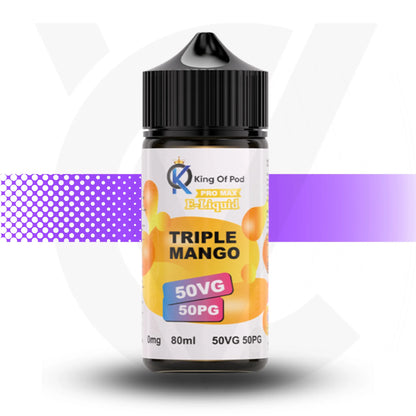 Bottle of King Of Pod e-Liquid Triple Mango on a white background