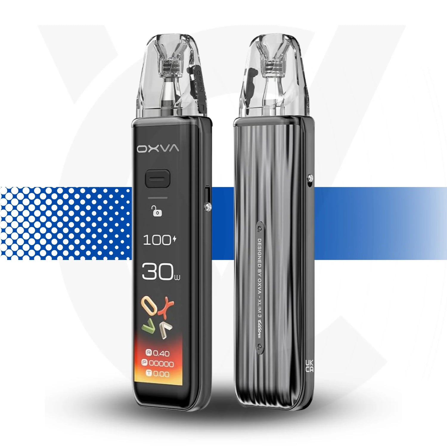 OXVA electronic device with digital display on a white background Xlim 3 Ultra Metal Grey