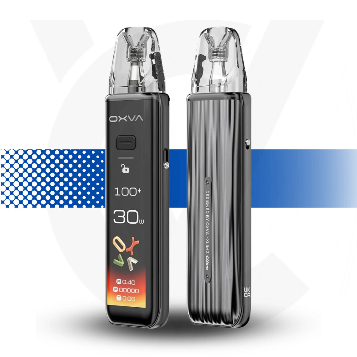 OXVA electronic device with digital display on a white background Xlim 3 Ultra Metal Grey