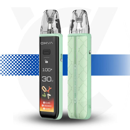 Two vape devices with digital displays on a white background Oxva Xlim 3 Ultra Mint Green