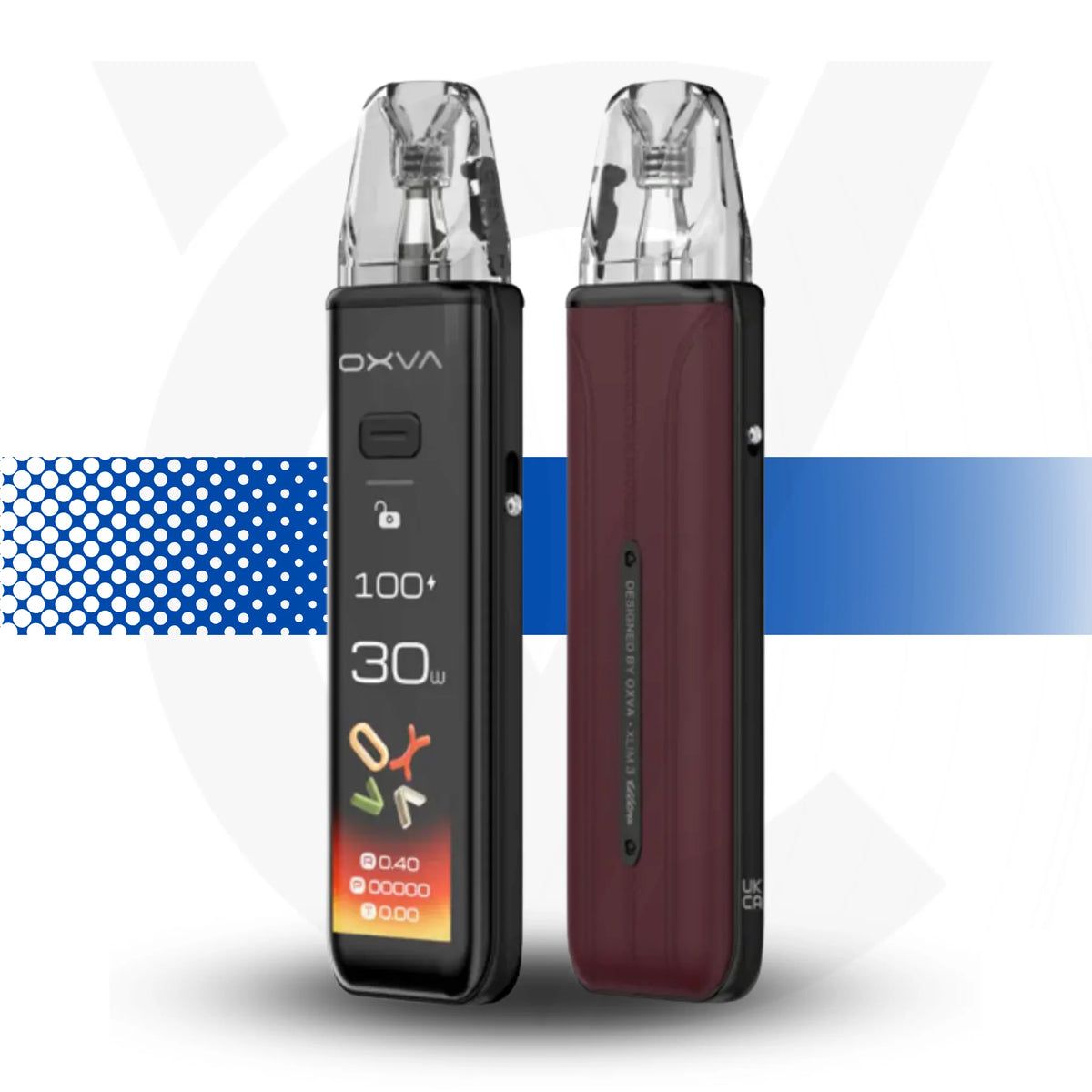 Two vaping devices with digital displays on a white background Oxva Xlim 3 Ultra bordeaux Red