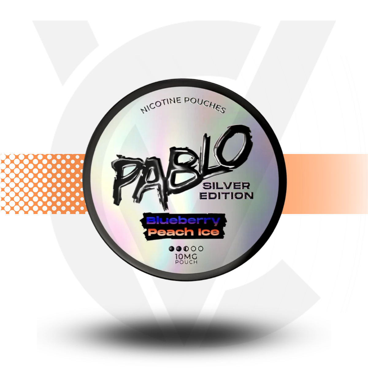 Pablo Nicotine Pouches Silver Edition packaging with blueberry peach ice flavor on a white background