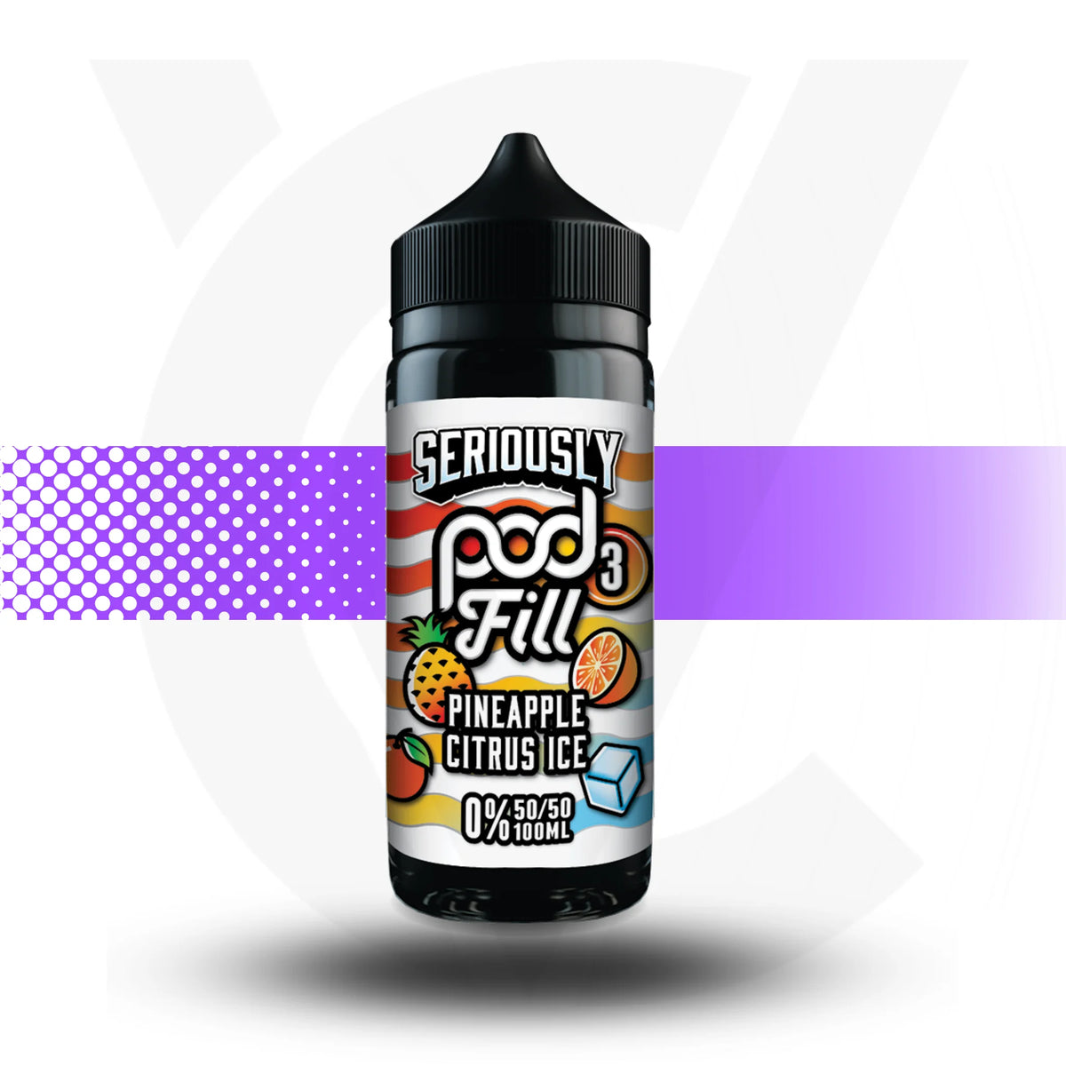 Seriously Pod Fill Pineapple Citrus Ice vape juice bottle on a white background