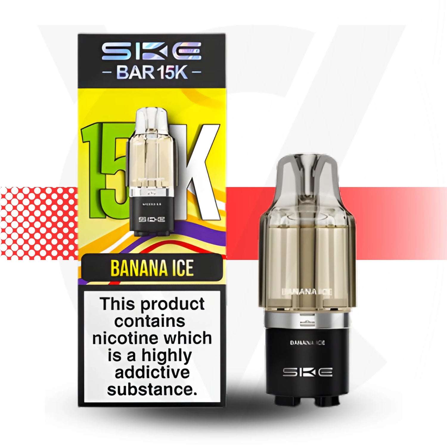 SKE BAR 15K Banana Ice vape device and packaging on a white background