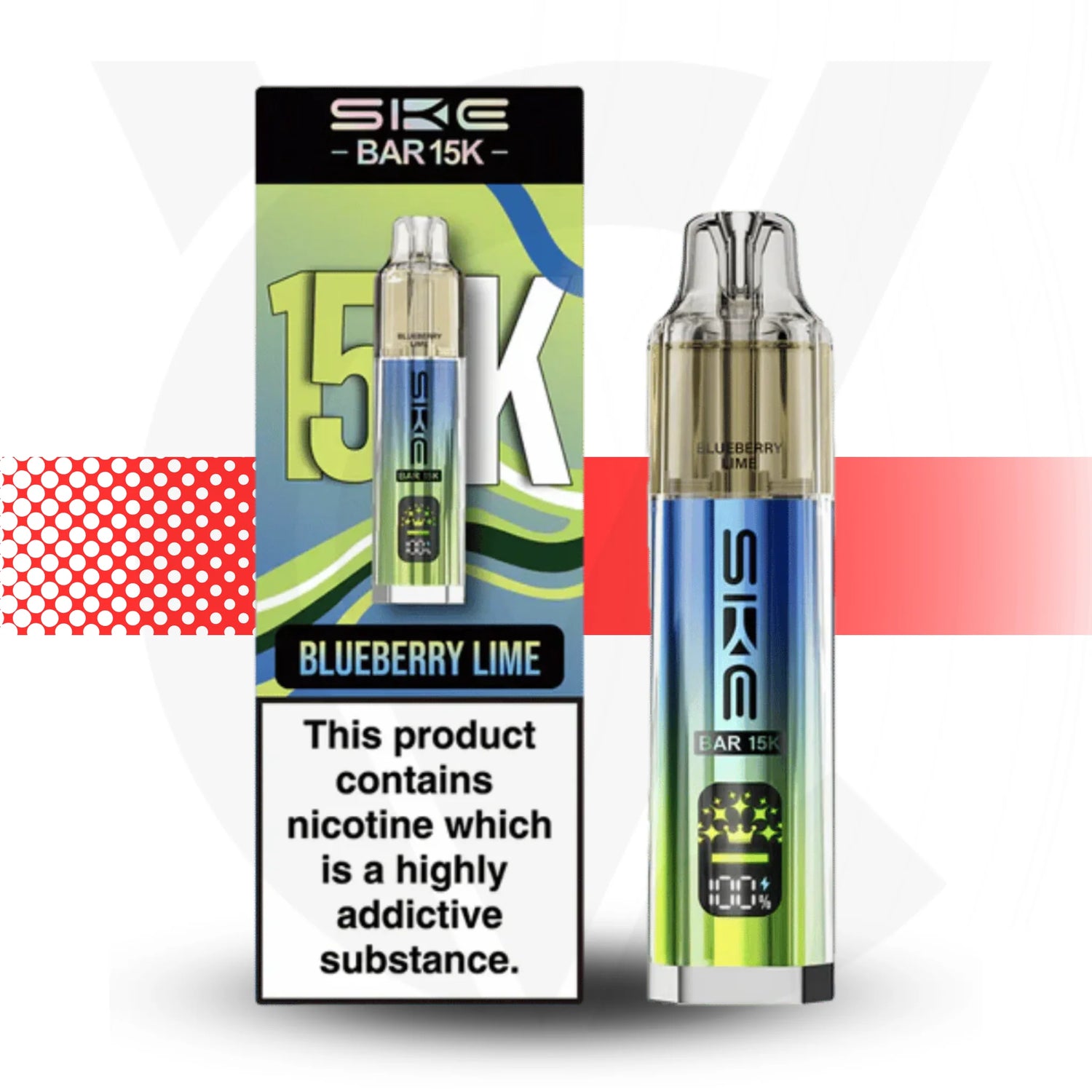 SKE Bar 15K vape device with packaging on a colorful background