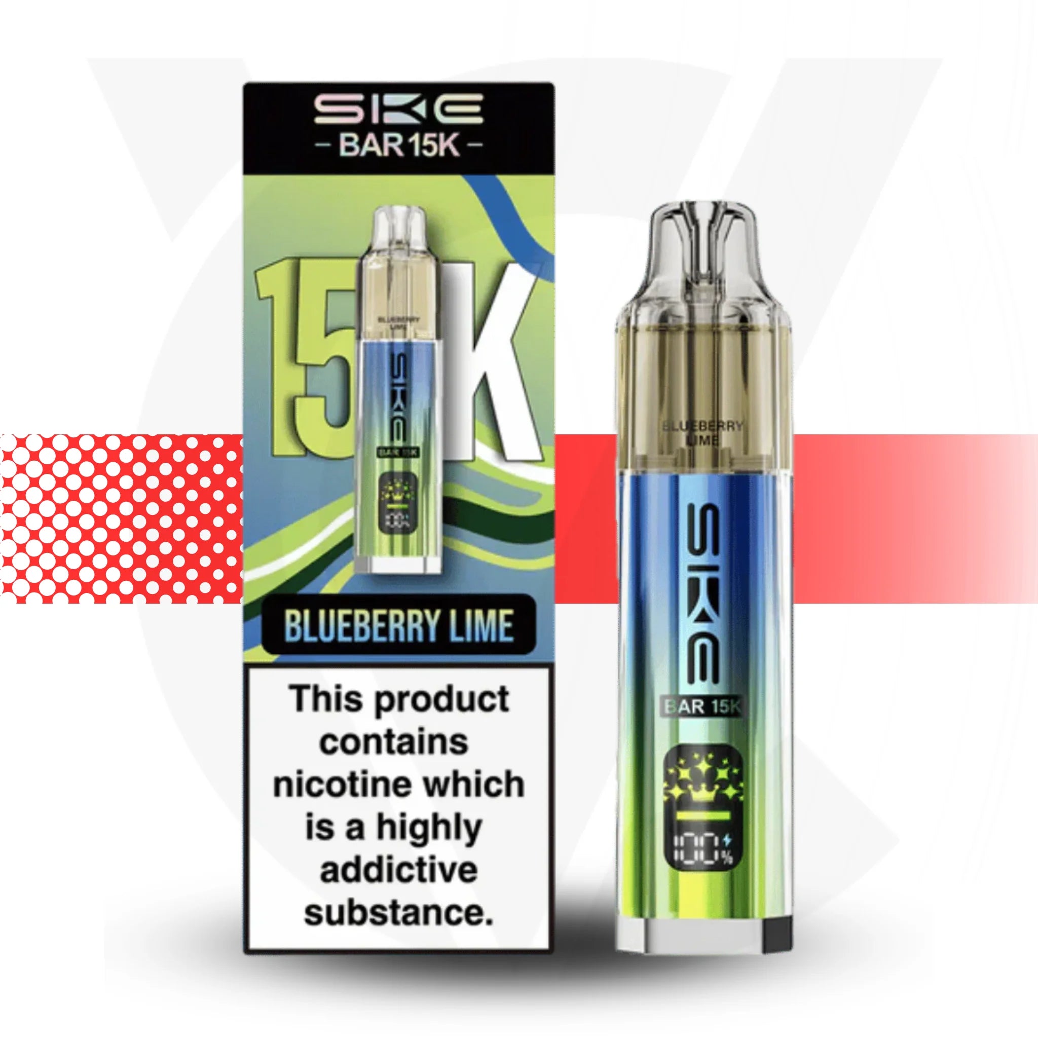 SKE Bar 15K vape device with packaging on a colorful background